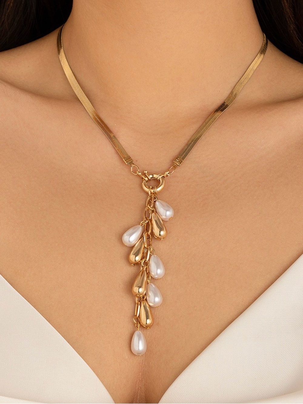 Gold Pearl Teardrop Pendant Necklace - Women Jewelry